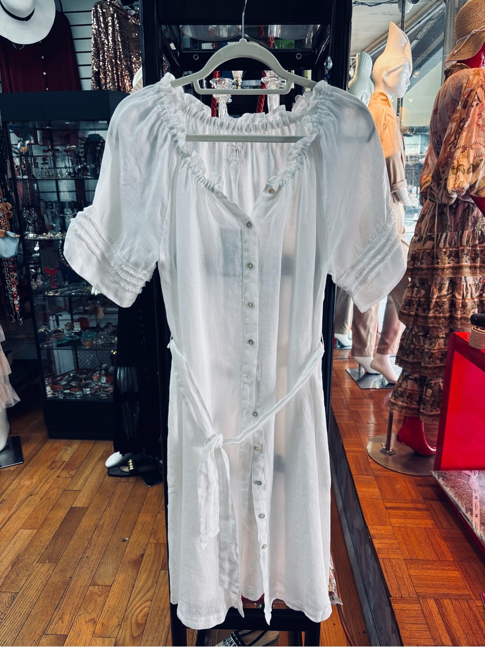 Women's White Midi Button-Front Peasant Dress with Tie Waist